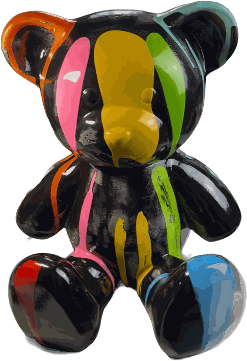 Schwarze Bärenskulptur mit farbigen Lackverläufen in Orange, Pink, Gelb, Grün und Blau